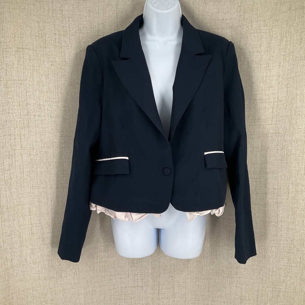 Lulus Blazer Women Large Navy Blue Cropped Ruffle Hem Piped Pocket Professional